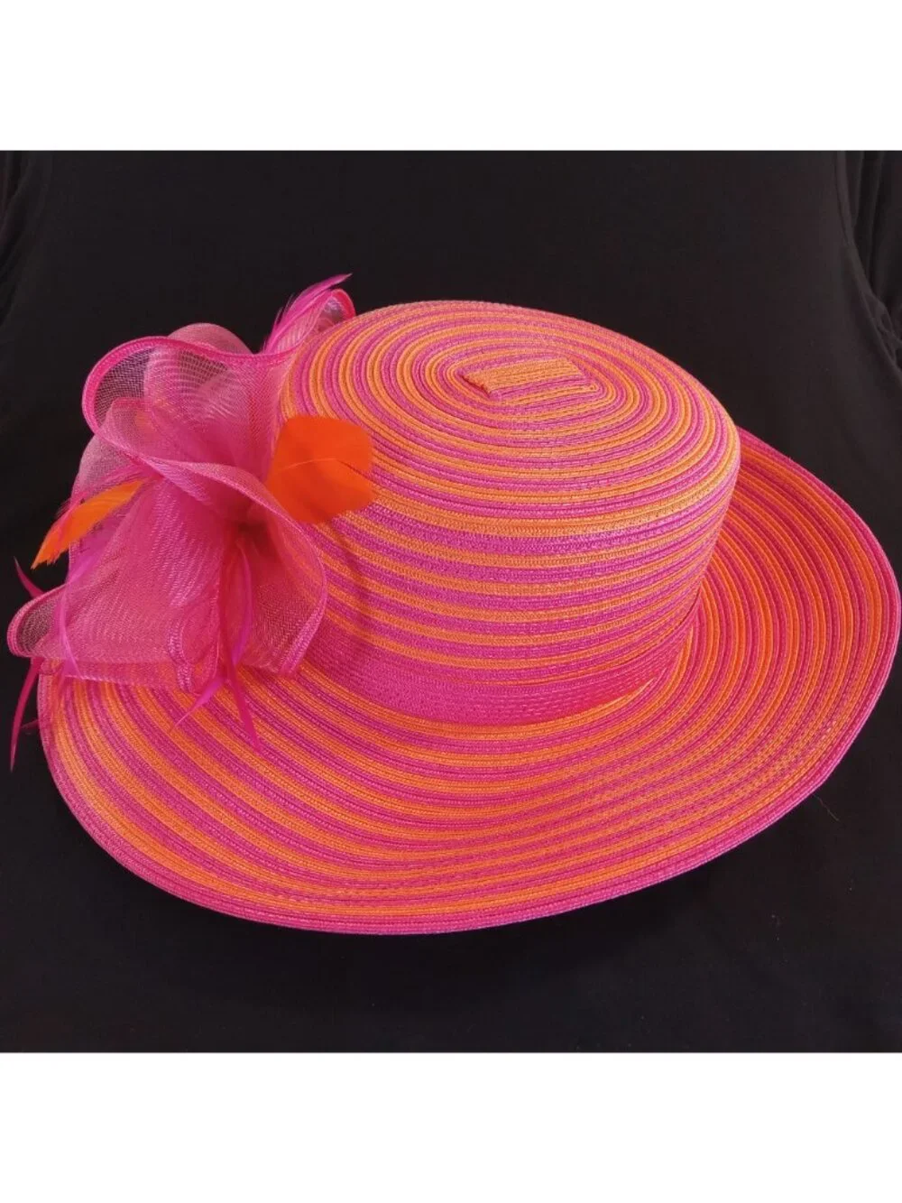 August Hat Company Women's Pink Orange Striped Wide Brim Hat Fascinator Feathers